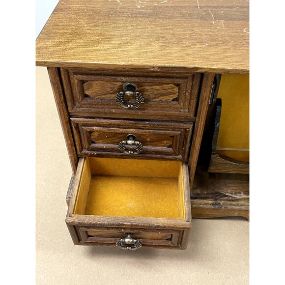 Vintage Wood Jewelry Box Floral Tapestry  3 drawers Necklace Ring Carousel - Picture 4 of 11